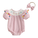 Baby Girl Birthday Romper Cupcake Embroidery Plush Ball Ruffle Short Sleeve Bodysuit