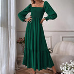 Midi Dresses Women's Square Neck Smocked Tiered Long Sleeve Ruffle High Waist