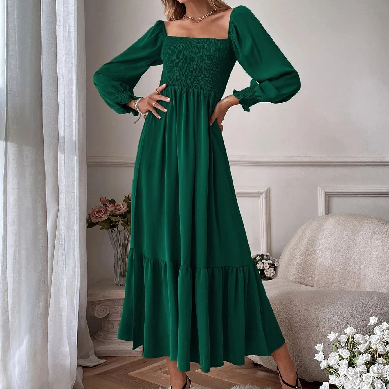 Midi Dresses Women's Square Neck Smocked Tiered Long Sleeve Ruffle High Waist