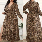 Damen Maxi-Kleid mit Leo-Print, langen Ärmeln und Schlitz, Wickeloptik, Übergröße