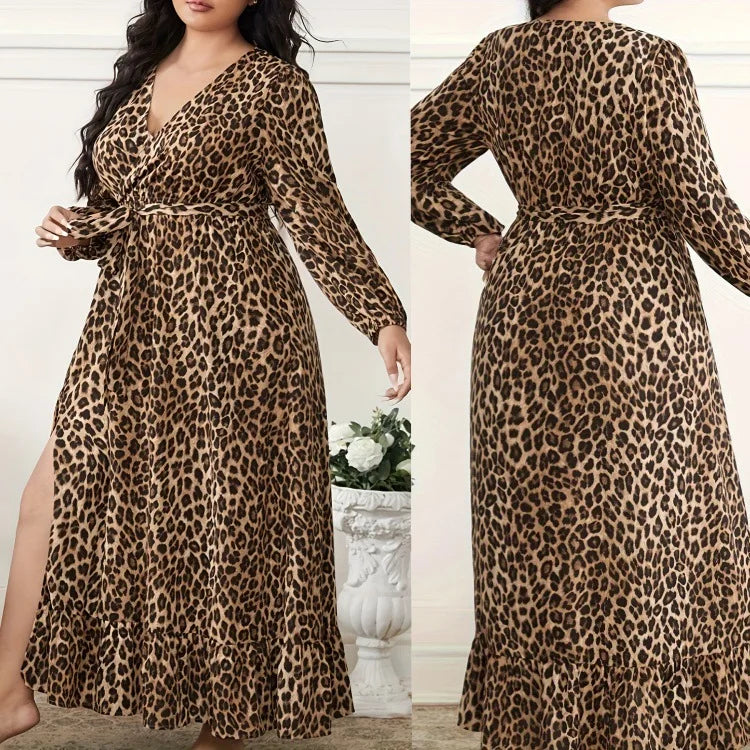 Plus Size Leopard Print Long Sleeve Split Dress Women's Fashion Surplice Maxi Dress