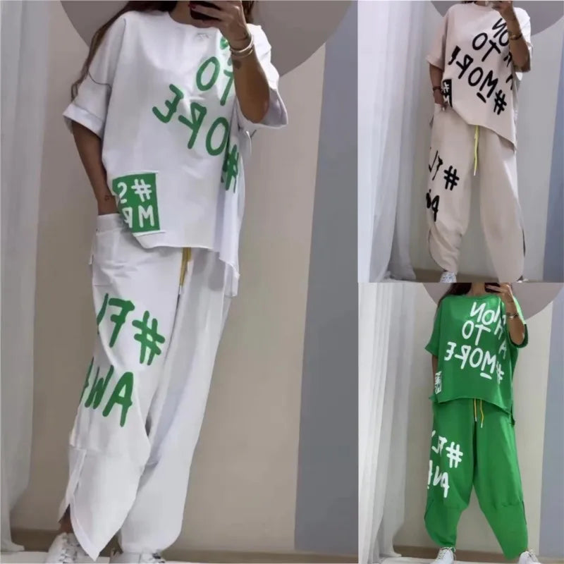 Women's Casual Outfit Set Loose Sporty Style Short Sleeve Letter Print Top and Pants