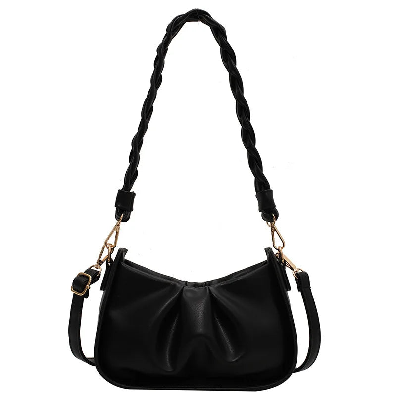 Women PU Leather Shoulder Saddle Bags Ruched Braided Strap Crossbody Bag