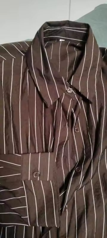 Women's Blouse Brown Striped Full-Sleeve Loose-Fit Single-Breasted Turn-Down Collar Shirt