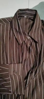 Women's Blouse Brown Striped Full-Sleeve Loose-Fit Single-Breasted Turn-Down Collar Shirt