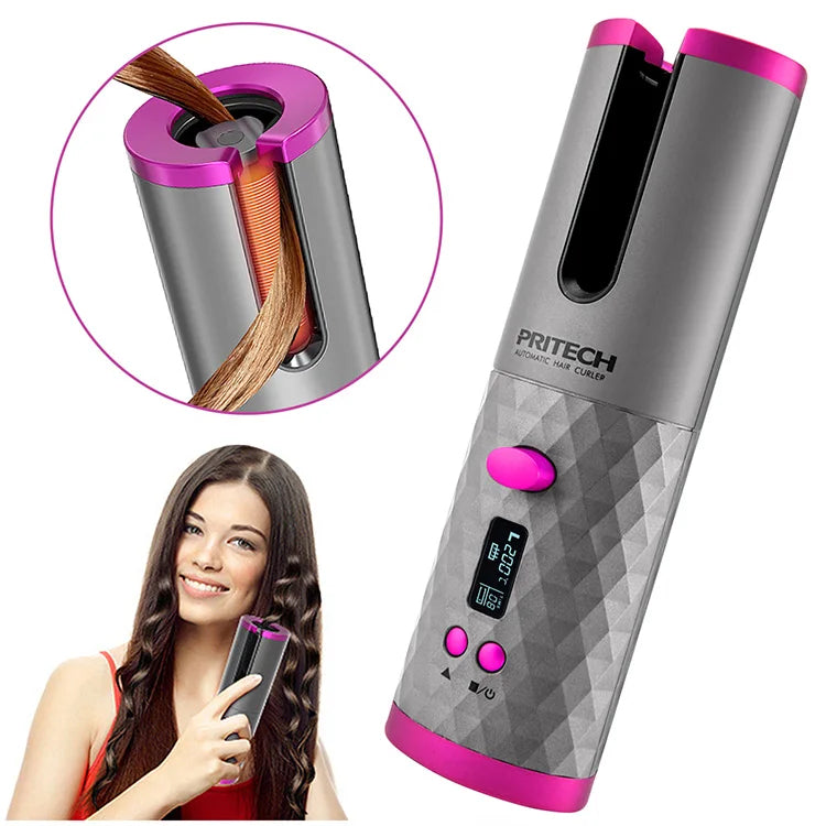 PRITECH Automatic Hair Curler Control LCD Display 2 in 1 Portable Wireless