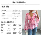 Mesh Red Rose Floral Print Chiffon Blouse V-Neck Bow Ruffle Trumpet Sleeves Top