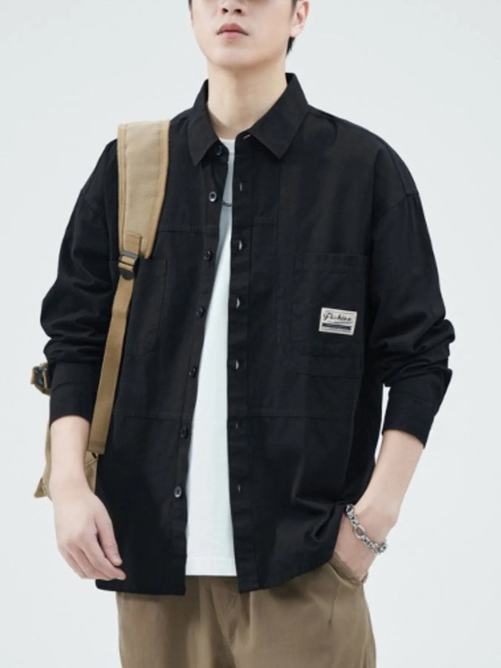 Men's Button Up Shirt Long Sleeve Casual Top with Front Pockets Black 1a053507b2044ce79b1a137a80ac9f32-Max-Origin Trendsi