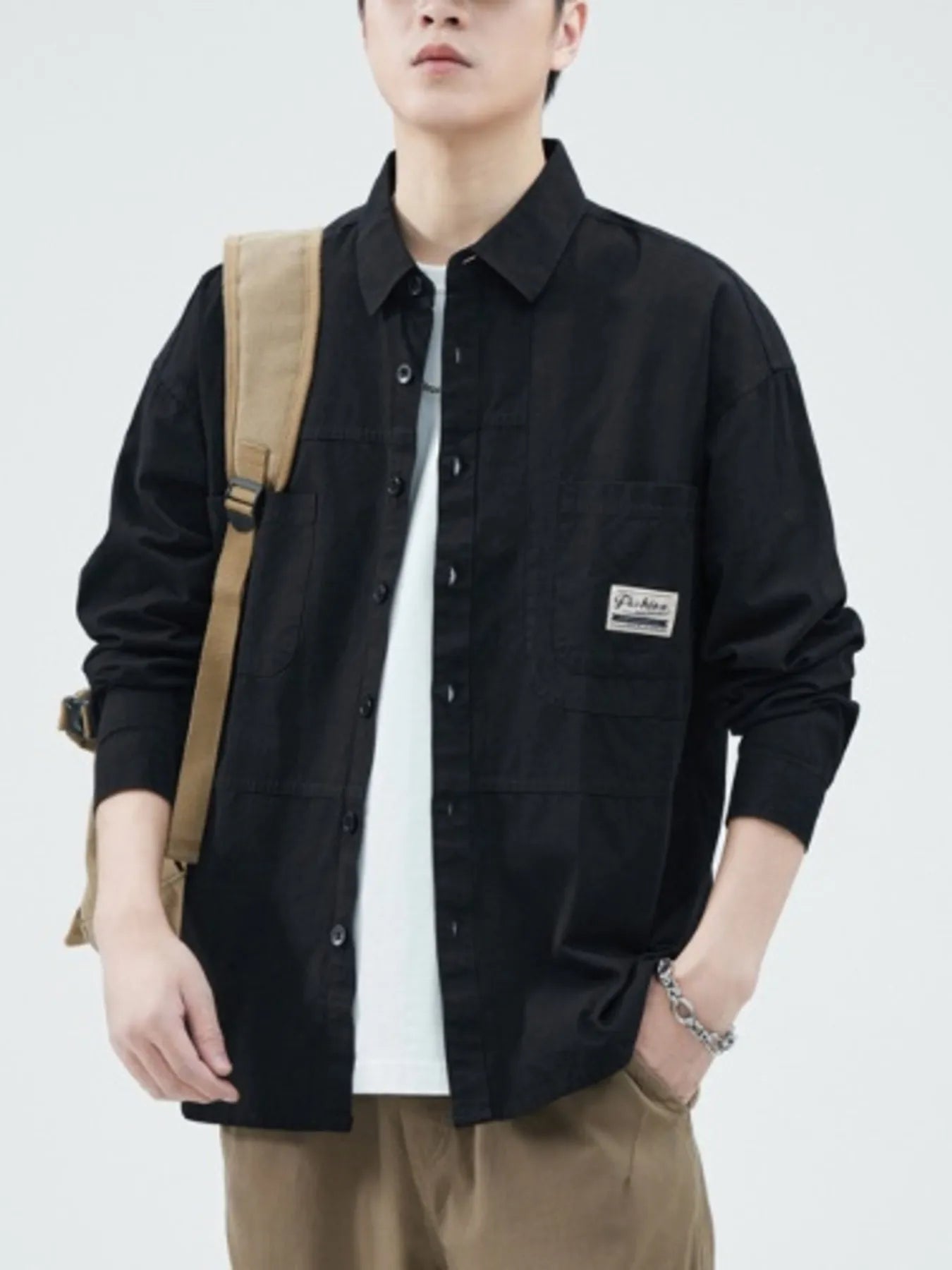 Men's Button Up Shirt Long Sleeve Casual Top with Front Pockets Black 1a053507b2044ce79b1a137a80ac9f32-Max-Origin Trendsi