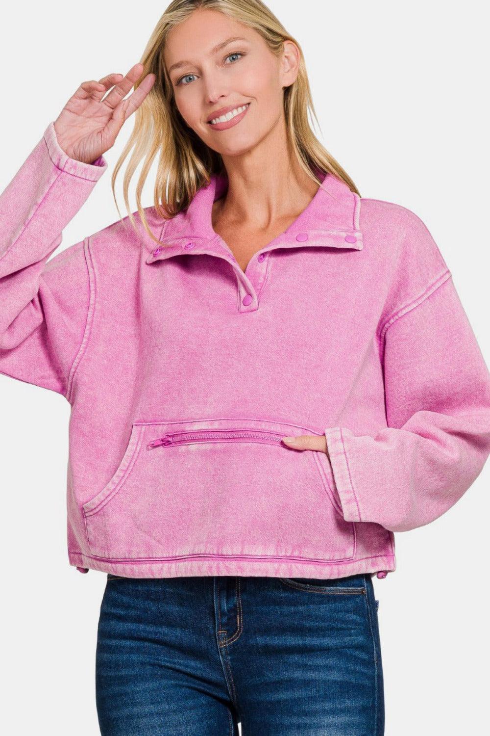 Zenana Sweatshirt Pink Acid Wash Fleece Half Snap with Pocket Mauve