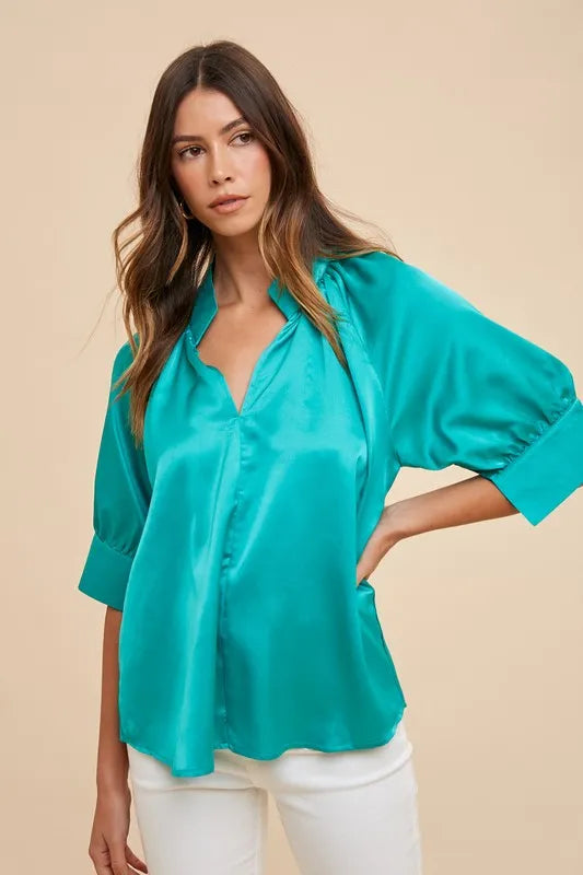 Annie Wear Satin V Neck Open Short Sleeve Blouse Top