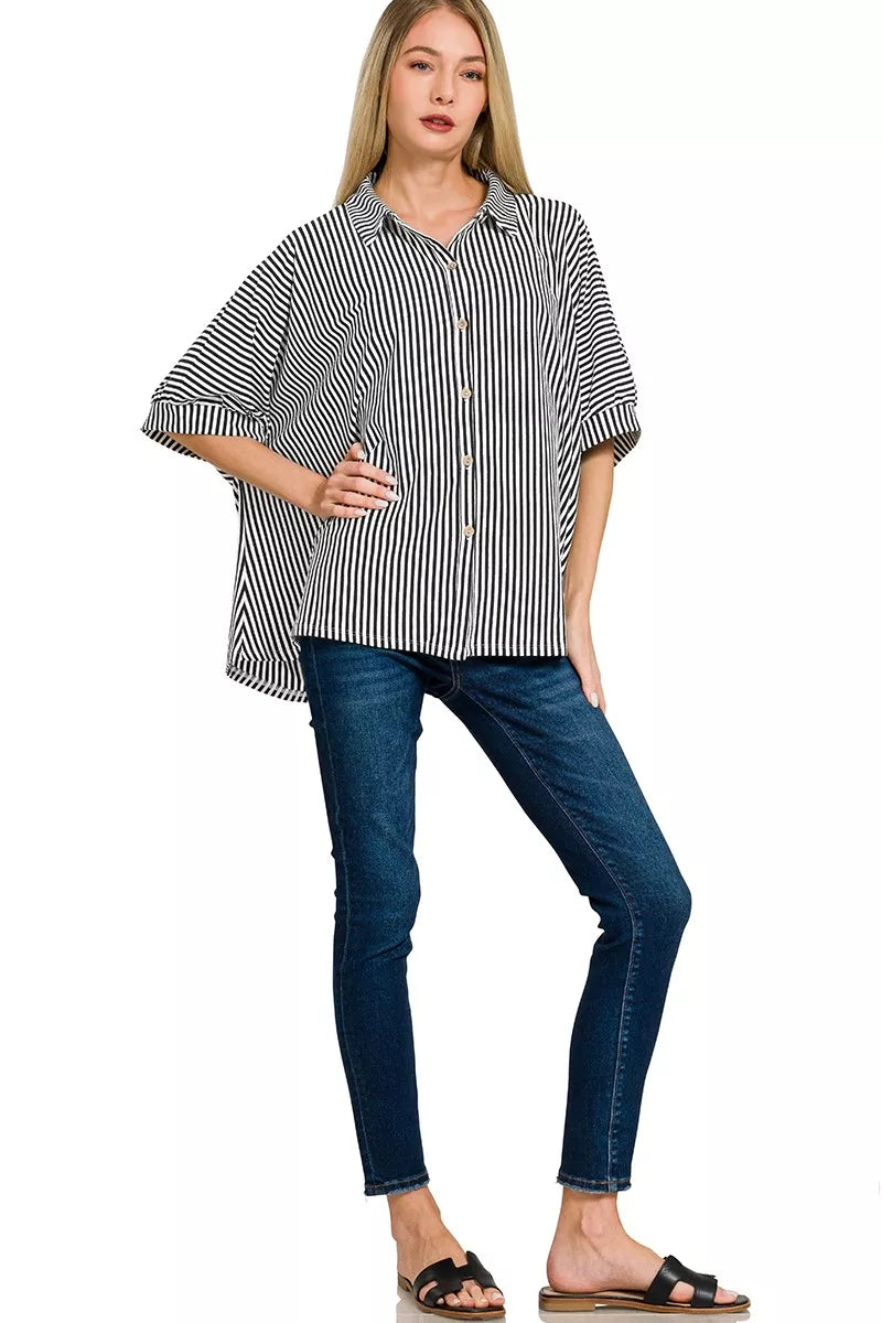 Zenana Women Oversized Shirt Black Stripe Short Sleeve Top 1a1690ae5c394415a8abe015b03a48e2-Max-Origin Trendsi