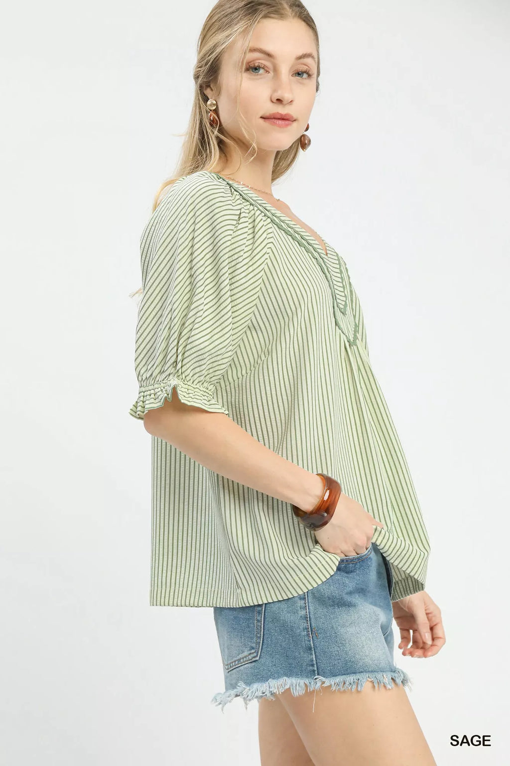 Umgee Blouse Sage Green Stripe V-Neck Short Puff Sleeve Top 1a1818cc-102c-4b63-ba3f-40c229a2d19d-Max-Origin Trendsi