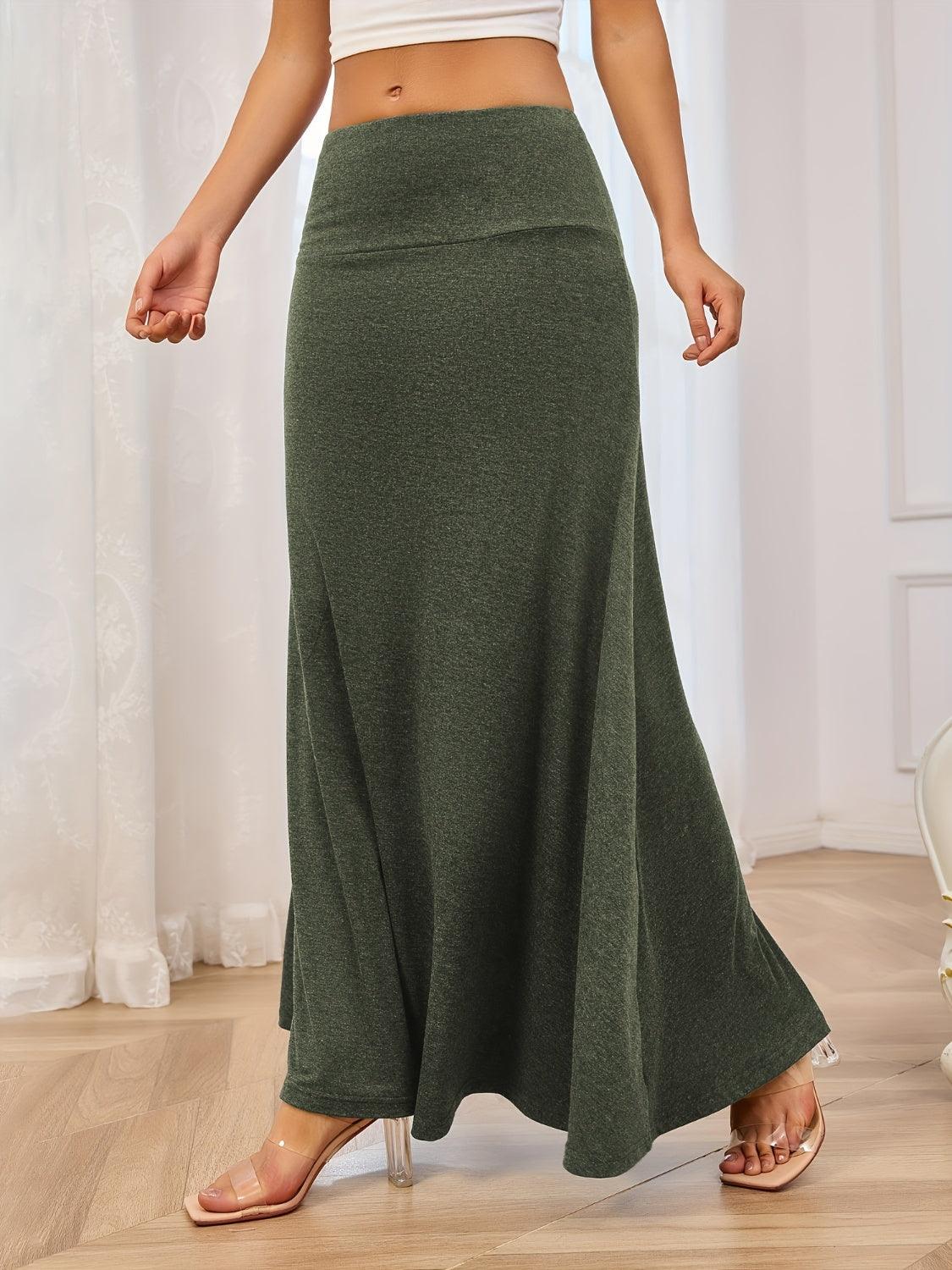 Maxi Skirt Solid Elastic Waist Soft Basic Style Army Green 1a233c42-962b-4cea-903a-b453a016fd36-Max Trendsi