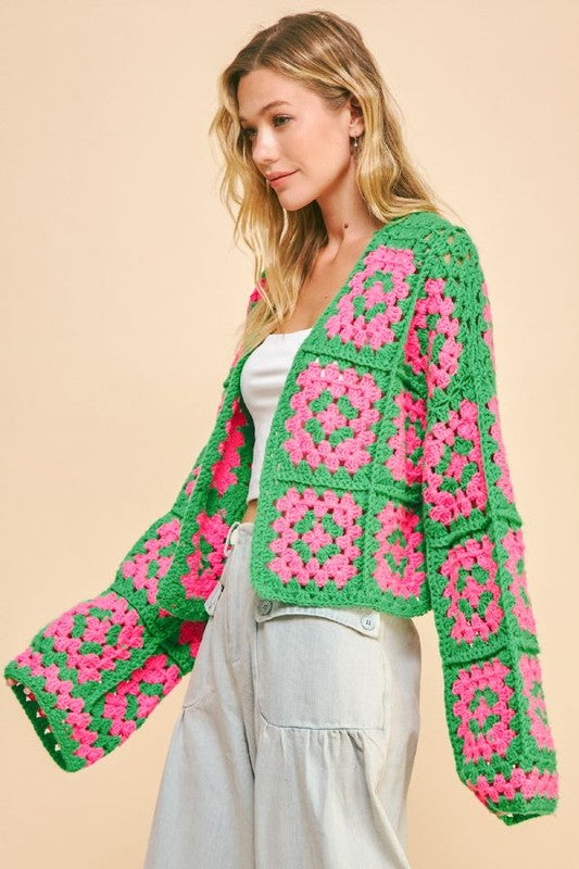 Davi & Dani USA Cardigan Floral Two-Tone Pink Green Flower Square Crochet Knit