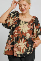 Umgee Blouse Floral Mix Print Round Neck Puff Sleeve Cotton Top 1a38bf37-26ae-49ca-85fa-3f9fca5caad2-Max Trendsi