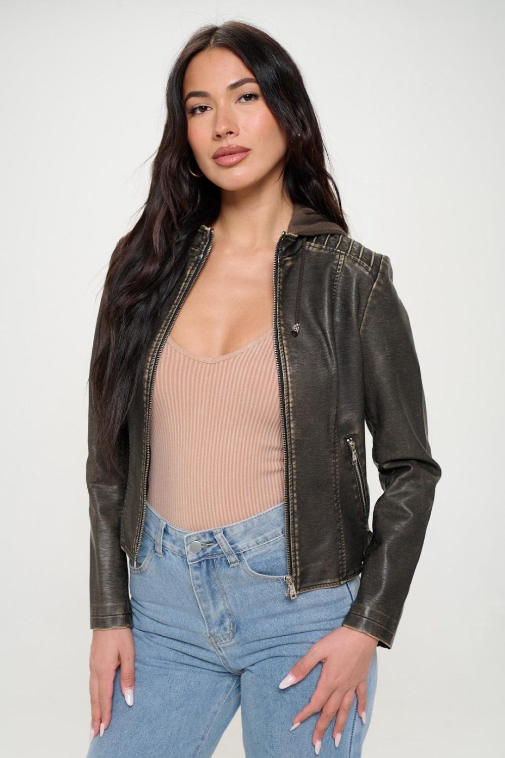Coalition LA Jacket Vegan Leather Zip Up Hooded Long Sleeve Outwear Brown 1a3a2797-c8ab-438f-aed5-108df3844627-Max Trendsi