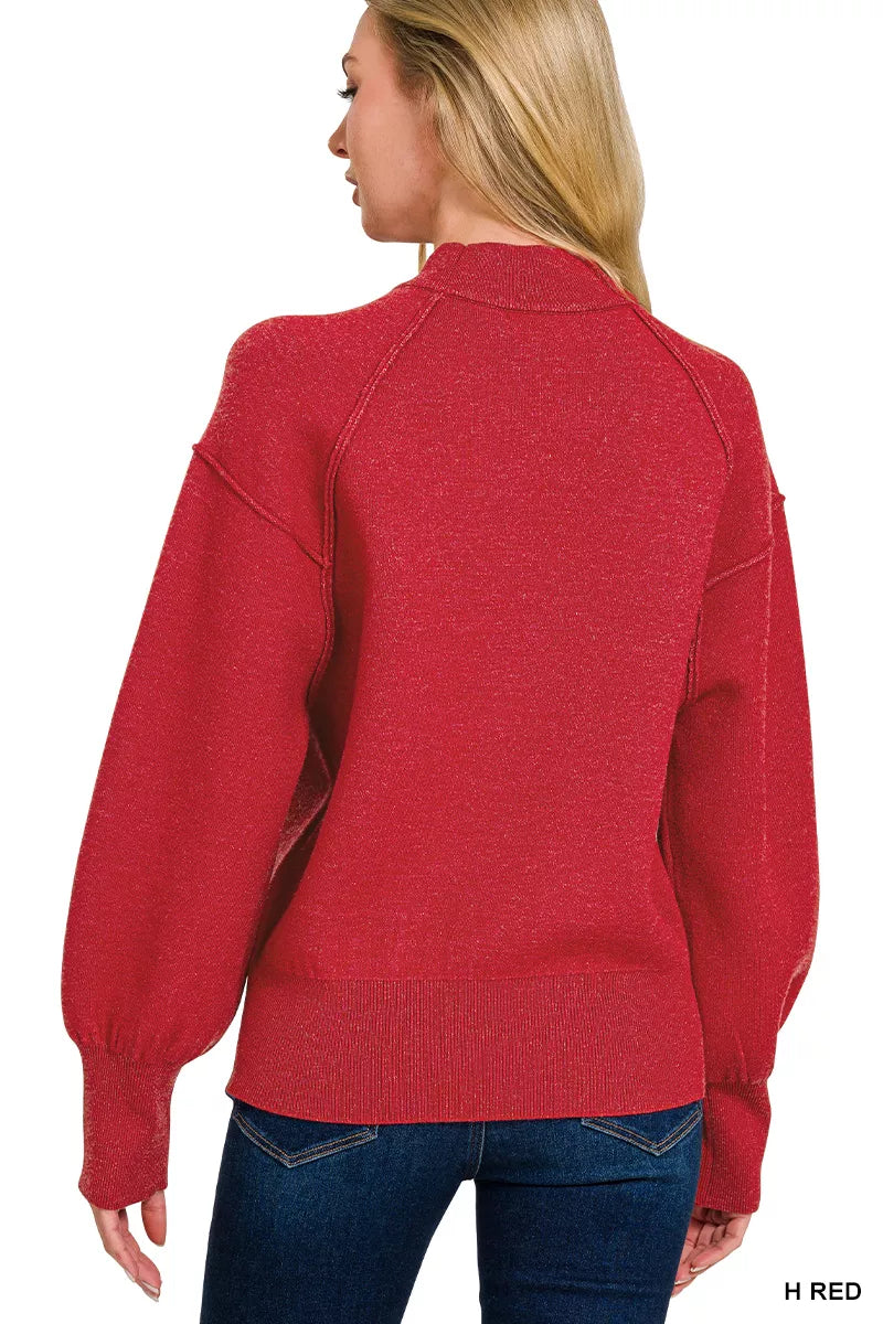 Zenana Viscose Sweater Red Mock Neck Exposed Seam Pullover
