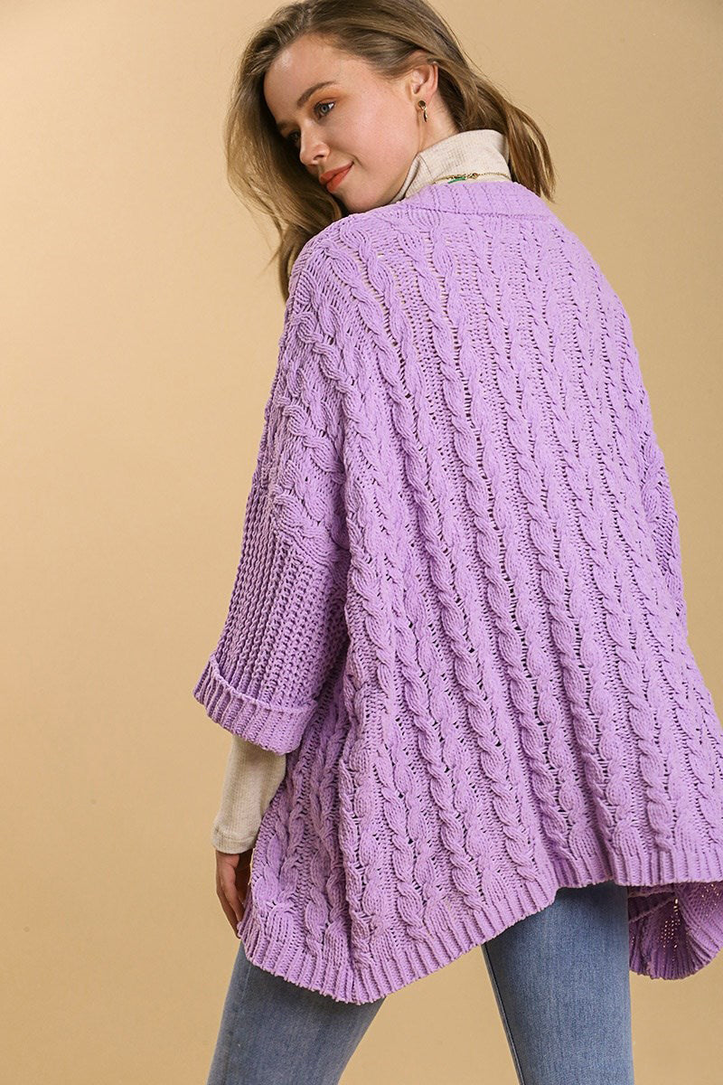 Umgee USA Cardigan Lilac Cable Knit Open Front Long Sleeve Women Knitwear