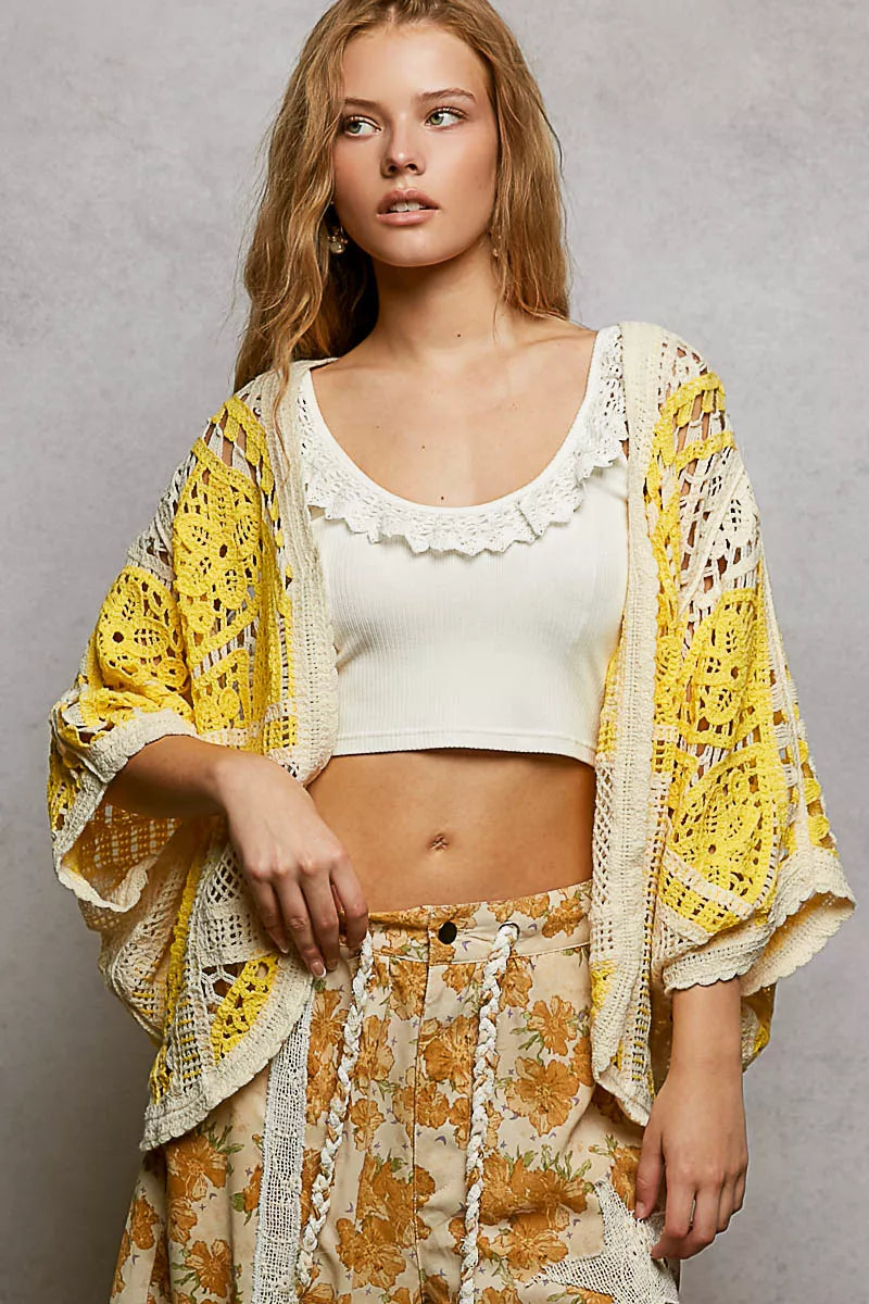 POL Crochet Cardigan Yellow Multi Open Front with Scalloped Edge 1a507b05-1683-4456-838a-0acee9147c50-Max-Origin Trendsi