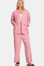 Zenana Quilted Lounge Set Button Up Long Sleeve Top and Pants Cotton Blend 1a5954eb-c7e2-4100-a835-8c3def4d9a76-Max Trendsi