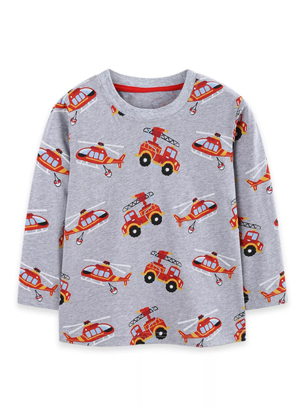Flat lay of heather grey long sleeve tee displaying repeating red fire engines and helicopters on white background