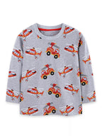 Flat lay of heather grey long sleeve tee displaying repeating red fire engines and helicopters on white background