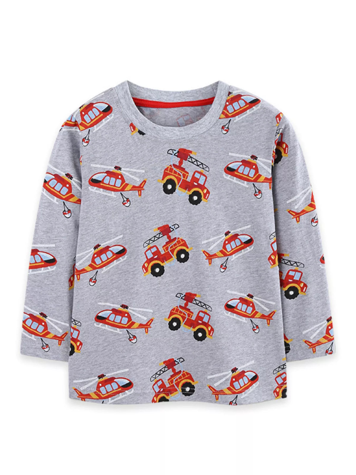 Flat lay of heather grey long sleeve tee displaying repeating red fire engines and helicopters on white background