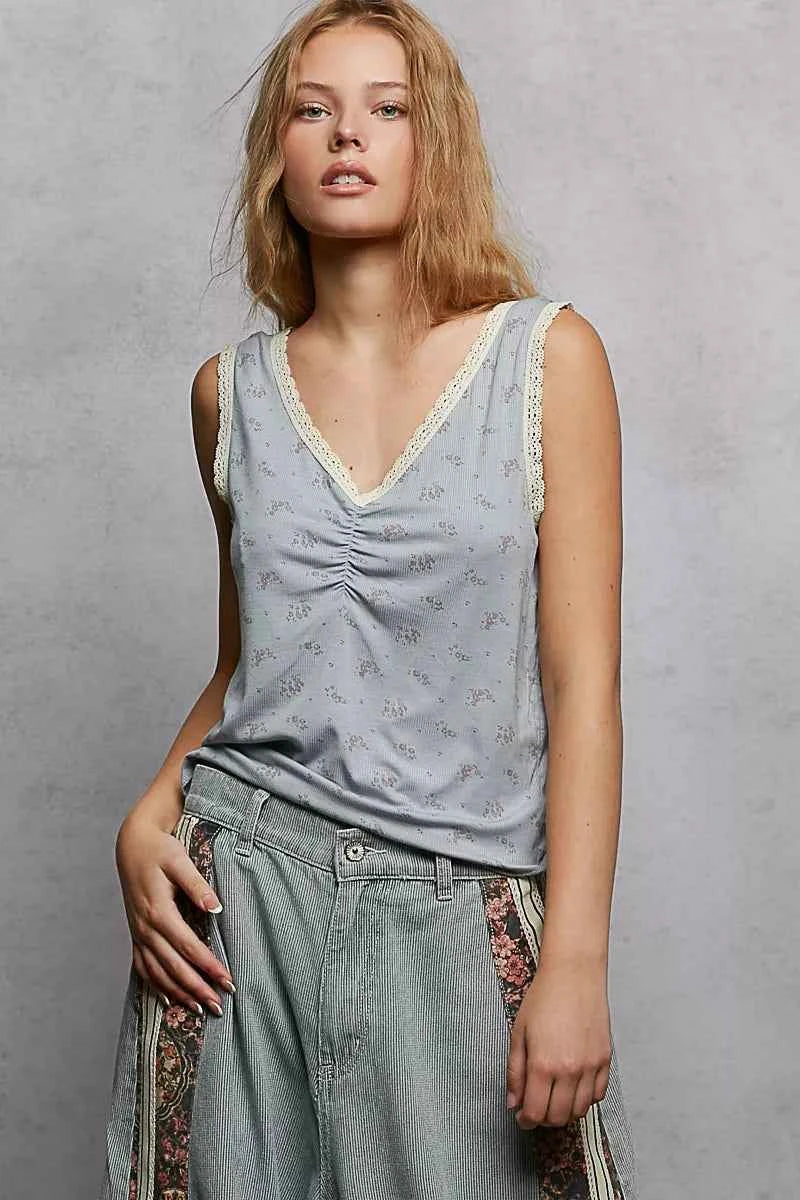 POL Tank Top Ruched Powder Blue Floral V-Neck with Lace Detail 1a6ca9a3-37b1-46a7-ba7b-f6c0a2535356-Max-Origin Trendsi
