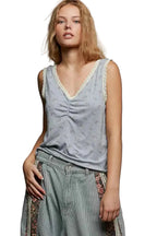 POL Tank Top Ruched Powder Blue Floral V-Neck with Lace Detail 1a6ca9a3-37b1-46a7-ba7b-f6c0a2535356-Max-Origin Trendsi