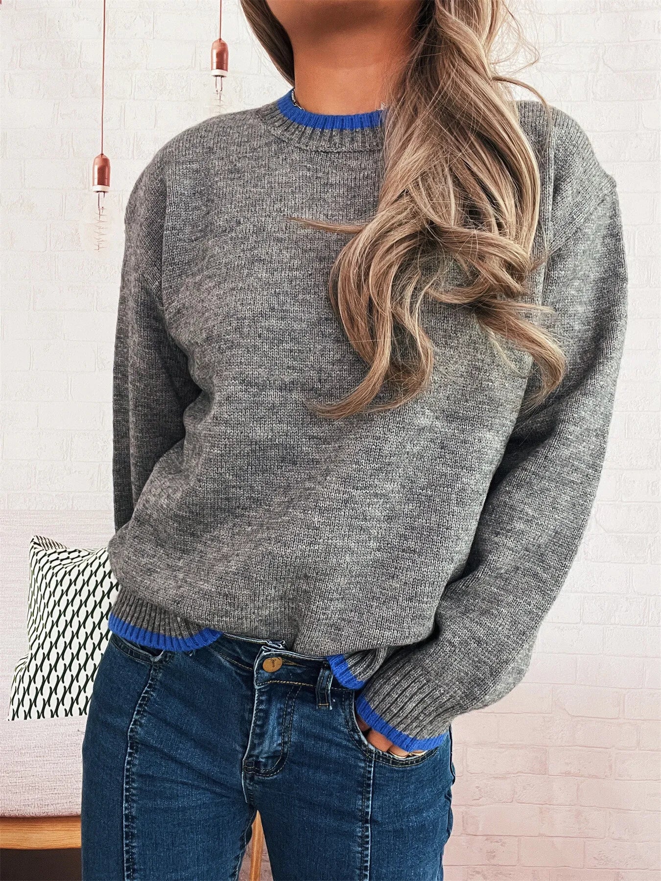 Women's Sweater Knit Ribbed Contrast Trim Long Sleeve Pullover 1a73020f046f4fc0b41ac86942bd1f15-Max-Origin Trendsi