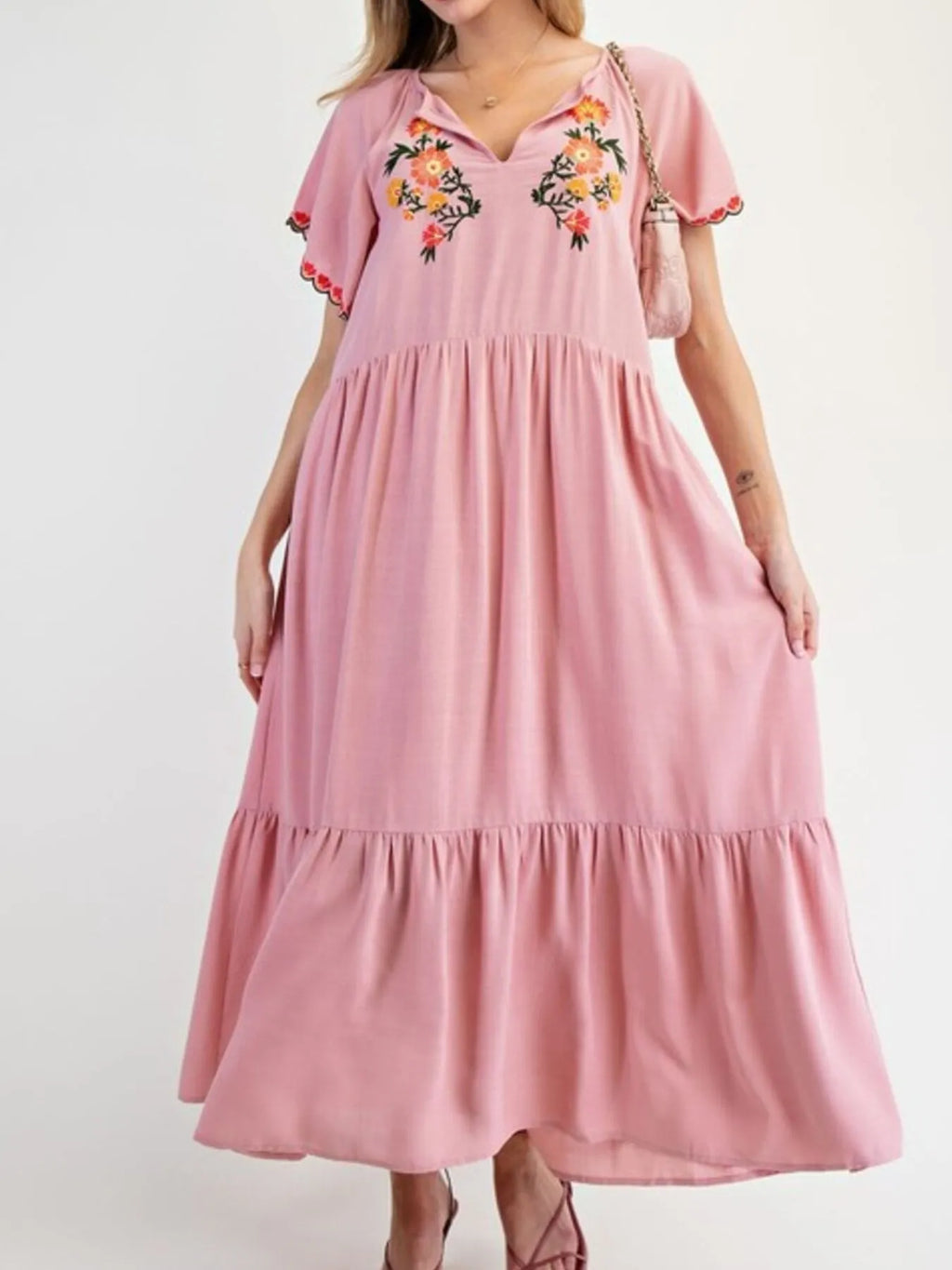 Midi Dress Floral Embroidered Notched Flutter Short Sleeve Ruffled Oversized 1a73a777-9017-4da7-a85b-996d99dd14b9-Max-Origin Trendsi