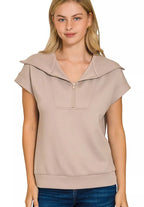 Zenana Womens Blouse Ash Mocha Scuba Half Zip Top Short Sleeve 1a7a91aa5f634a6bae858ae365b248b5-Max-Origin Trendsi