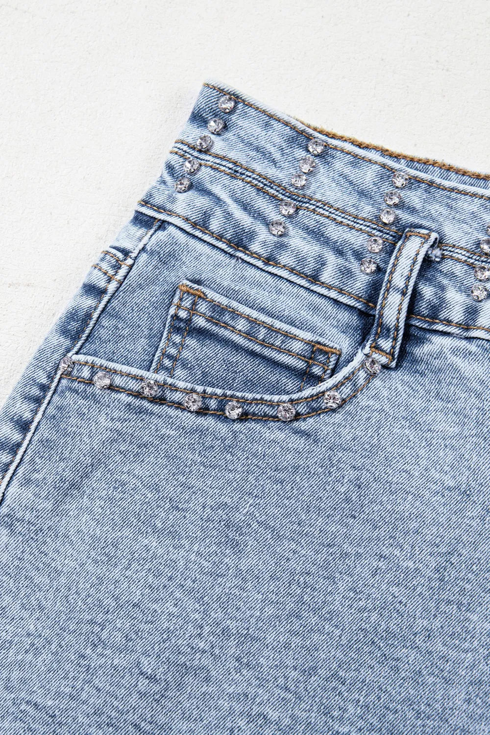 Denim Shorts Rhinestone Light Wash Raw Hem High Waist 1a8c1ea4-1a8f-4ae0-9354-9fc8e5a7d117-Max-Origin Trendsi