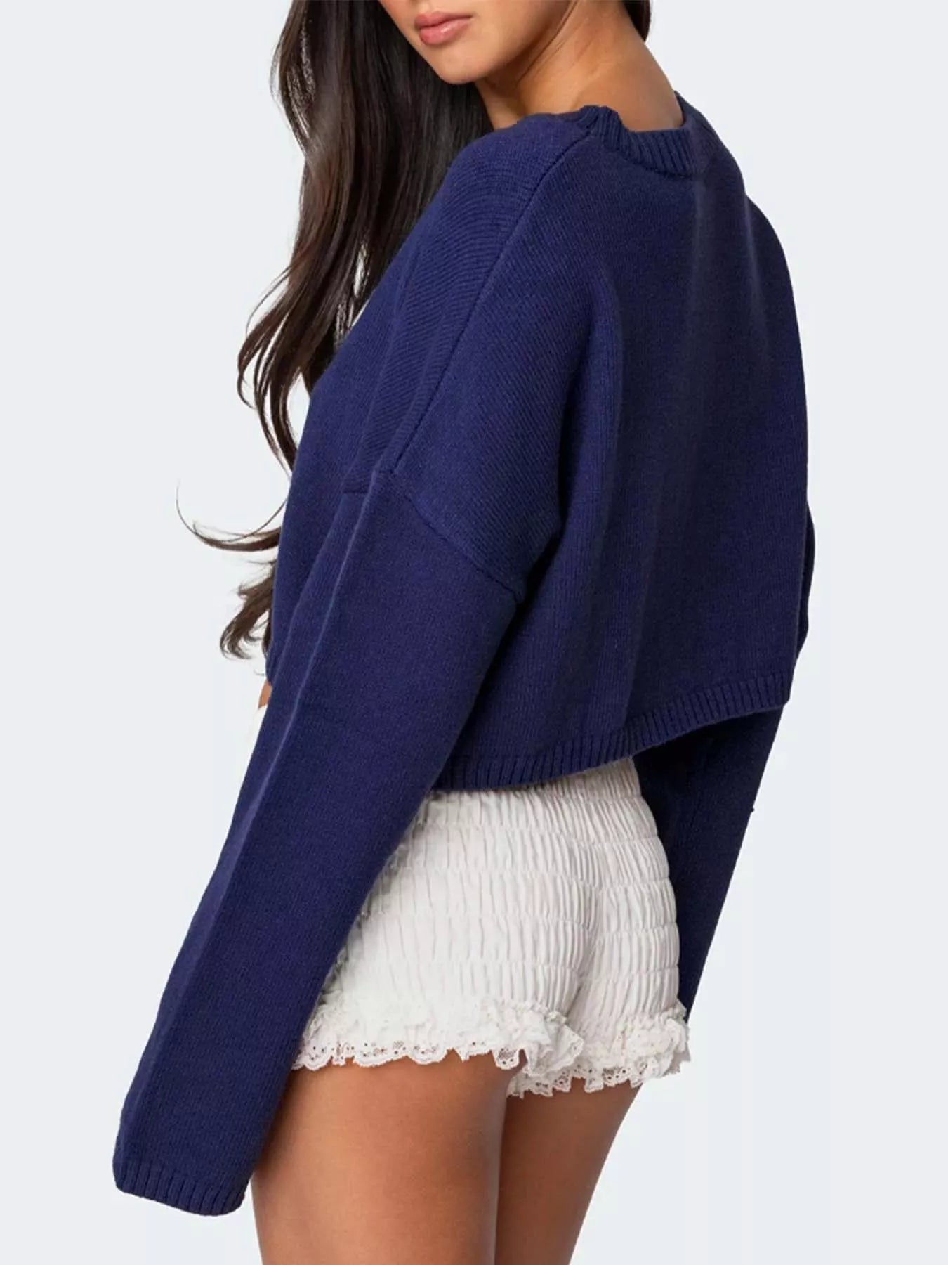 Women's Sweater Cropped Navy Blue Bow Round Neck Long Sleeve 1a900d51-df88-419d-81c0-23e7801d1b48-Max-Origin Trendsi