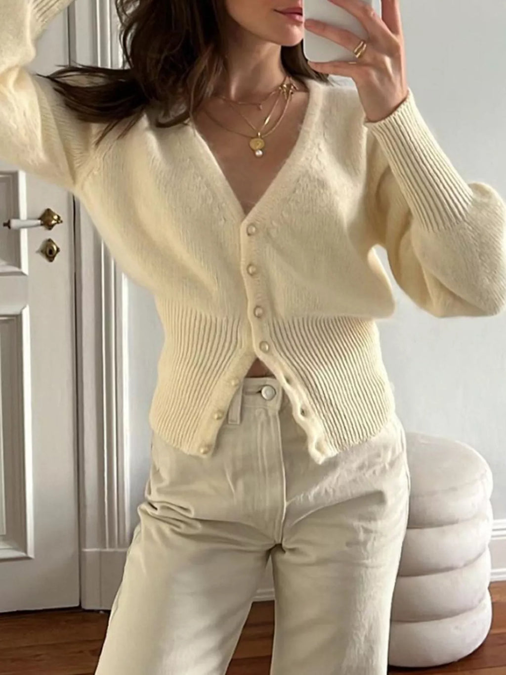 Womens Knit Cardigan Puff Sleeve V Neck Beige Soft Buttoned 1a91ec2287bc4cf58988d5e0ee71e7e1-Max-Origin Trendsi