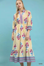 Umgee Midi Dress Flower Patch Border Print Ecru Ruffled Short Sleeve 1a928f66-4124-4708-b959-168fe9a16fa4-Max-Origin Trendsi
