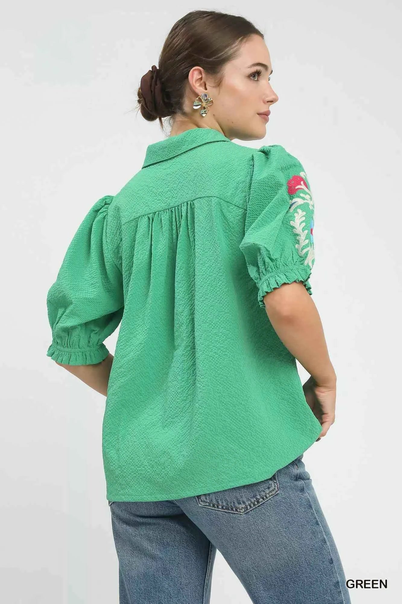 Umgee Seersucker Embroidered Sleeve Blouse