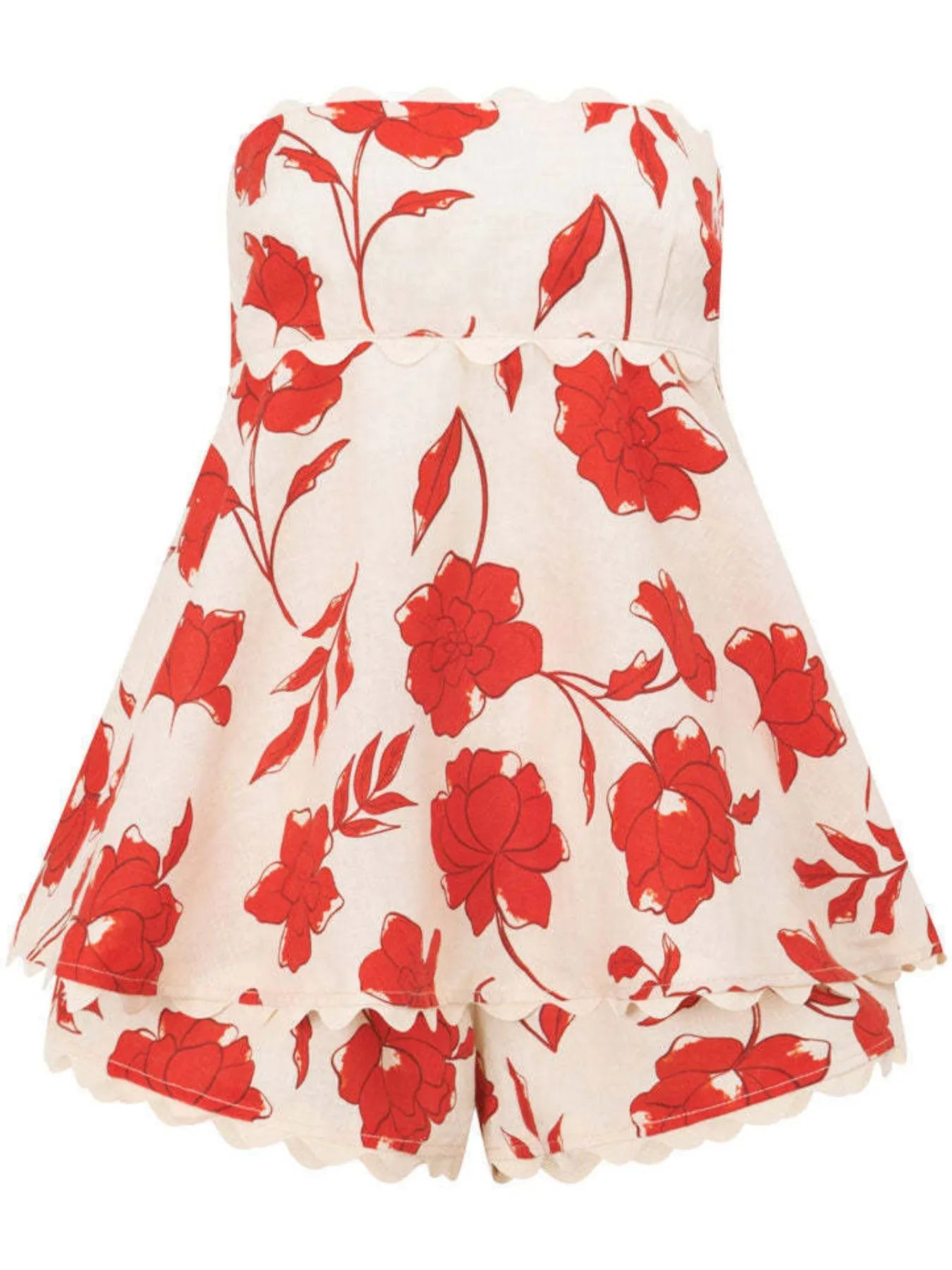 Women's Outfit Set Deep Red Floral Tube Ruffled Top and Shorts 2 Pcs 1ab1963f-7937-43be-abc6-a5c770925f86-Max-Origin Trendsi