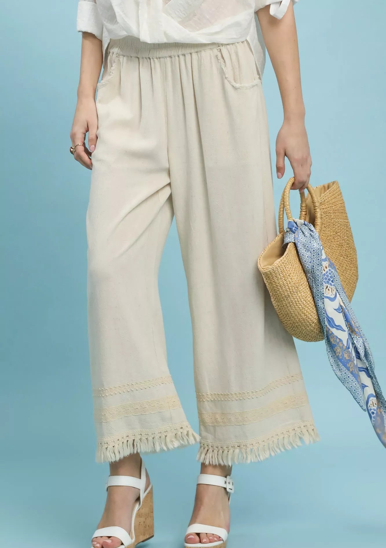 Umgee Wide Leg Linen Pants Lace Trim Fringe Hem Elastic Waist OATMEAL 1abcd9c6-bc57-4acb-8f9c-d676715b3e6a-Max-Origin Trendsi