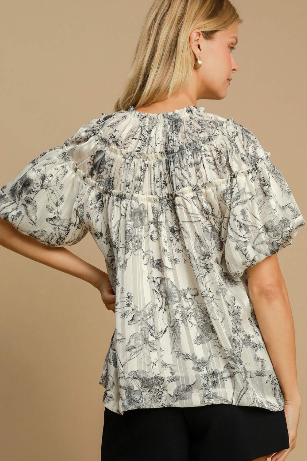Umgee Blouse Floral Print Metallic Ruffle Black Short Sleeve Top 1abe410d-a351-408a-800f-7aaec1eff350-Max Trendsi