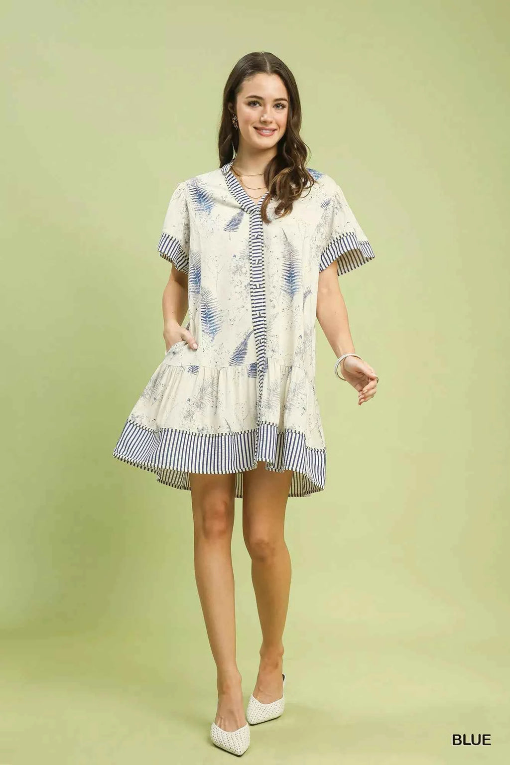 Umgee Linen Printed Button-Front Tiered Mini Dress
