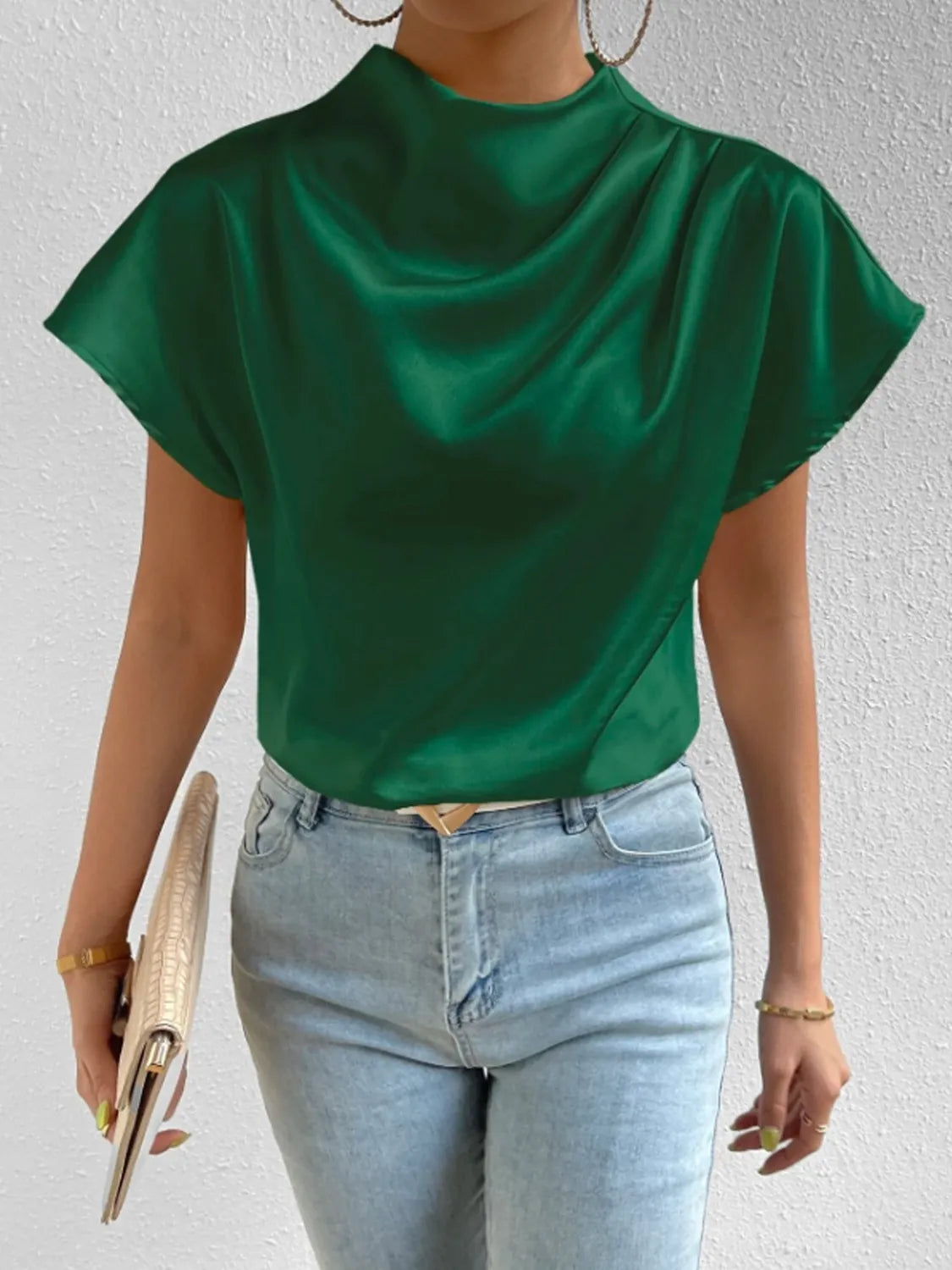 Satin Blouse Mock Neck Pleated Short Sleeve Basic Style Top 1ac88a1a-cec8-4c8d-9139-e4075fe9eaf5-Max-Origin Trendsi