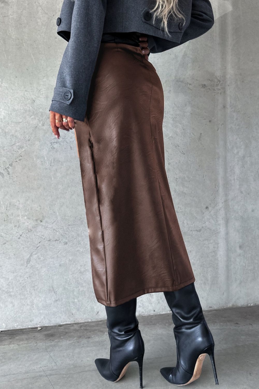 Midi Skirt Women Faux Leather Front Big Slit with Pockets