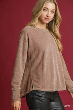 Umgee Blouse Latte Round Neck Long Sleeve Side Slit Top 1acfa57b-e09c-44d5-a39c-b13e3427da40-Max-Origin Trendsi