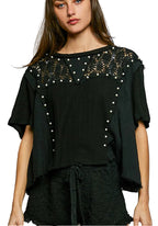 POL Lace Pearl Stud Round Neck Short Sleeve Shirt