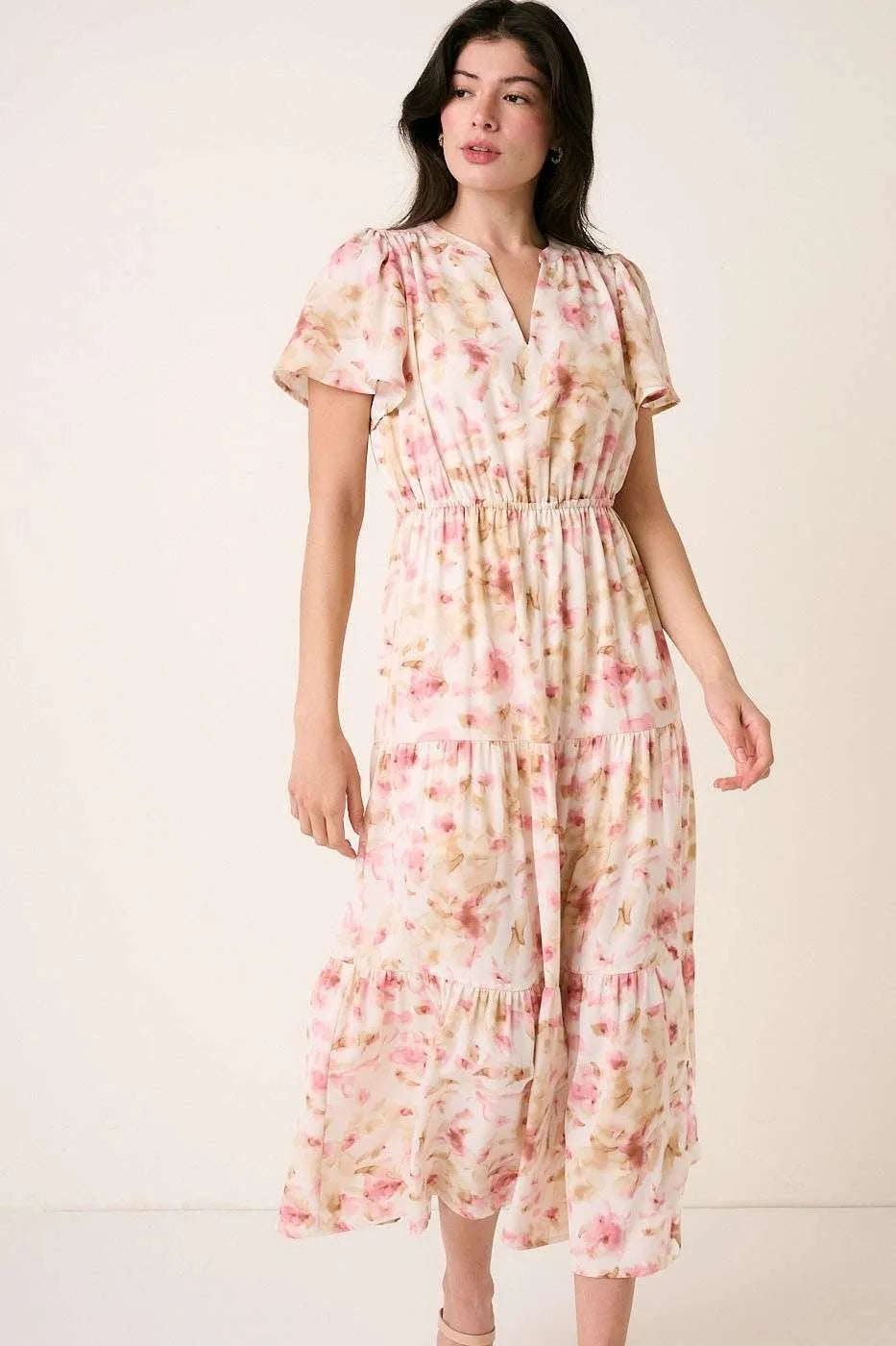 Mittoshop Maxi Dress Pink Floral Flower Print Flutter Sleeve V Slit Smocked 1ad11f5aa1514ddf85e9a32b0942e4bb-Max-Origin Trendsi