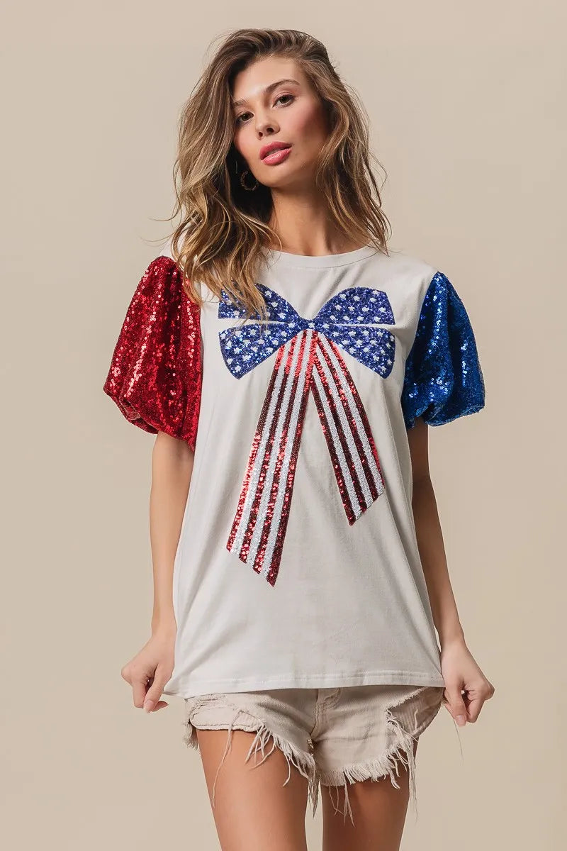 BiBi Cotton T-shirt Sequin American Flag Bow Top Short Puff Sleeve OFF WHITE 1ad5ff54647349a4b2577f63210e05b8-Max-Origin Trendsi