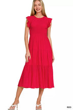 Zenana Red Midi Dress Woven Smocked Ruffle Short Sleeve 1ad61531665743a2af6c7f0c312c947e-Max-Origin Trendsi