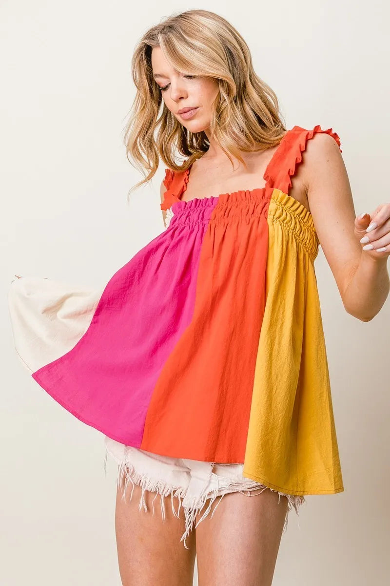 BiBi Top Frill Shoulder Strap Color Block Bodice Babydoll Blouse Fuchsia Coral 1ad86c5b278d4aa99641eb1c85727feb-Max-Origin Trendsi